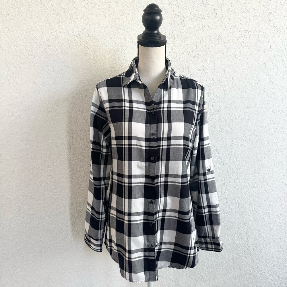 PORT AUTHORITY Ladies Black White Plaid Flannel Tunic Shirt Button Down Small